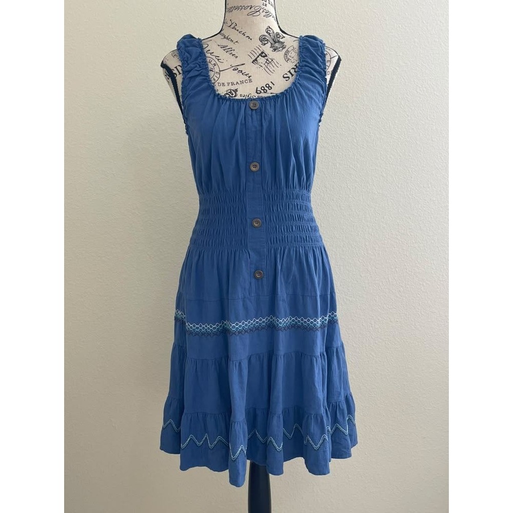 Lapis Blue Cotton Linen Smocked Tiered Midi Dress M Boho Prairie Cottagecore